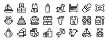 Set Of 24 Outline Web Baby Shower Icons Such As Boat, Cubes, Dress, Feeding Bottle, Rocking Horse, Cradle, Pacifier Vector Icons For Report, Presentation, Diagram, Web Design, Mobile App