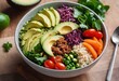 © Алексей Ковалев - Healthy salad bowl with quinoa, tomatoes, chicken, avocado, lime and mixed greens, lettuce, parsley on wooden background top view. Food and health.