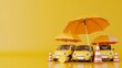 Car protection and safety assurance concept, car insurance web banner design. yellow cars under the umbrella with traffic cone and business hand on yellow background. cartoon animation 3d rendering