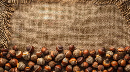 Canvas Print - A rustic arrangement of acorns creates a border on a jute bag surface.