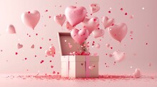 Cute Love Message Popping Out Of An Open Present Box With Confetti And Heart Shape Balloons Around. 3d Scene Design. Suitable For Valentine's Day And Mother's Day.