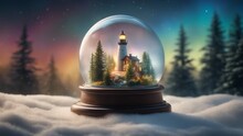 Landscape With Snow Highly Intricately Detailed Photograph Of  A Lighthouse In The Ocean Mist   Inside A Snow Globe  