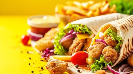Wall Mural - take away fast food products Kebab, pita, gyros, shaurma, wrap sandwich with french fries and nuggets meal, junk food and unhealthy food. banner, menu, recipe place for text.