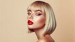 Beautiful model girl with short straight hair .Beauty woman with blonde Bob hairstyle .Fashion, cosmetics and makeup