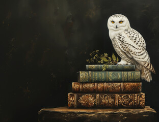 White Owl Sitting on Old Books Background with Copy Space