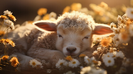 Sleeping lamb flowers meadow background image. Napping sheep animal desktop wallpaper picture. Domestic mammal close up photo backdrop. Sunshine summer concept composition front view