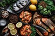 A bountiful spread of fresh seafood, vibrant fruits and vegetables, and zesty citrus slices creates a mouthwatering display of natural foods on the table