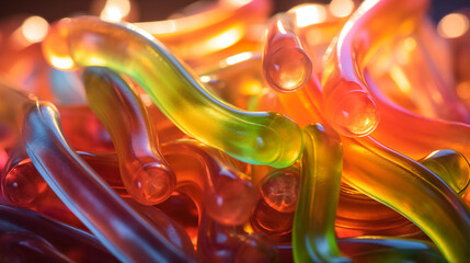 Macro image of a cluster of gummy worms in a variety of colors, showcasing their glossy texture and playful shapes in a vibrant composition.