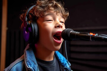 Wall Mural - A young boy confidently takes the stage, headphones on and microphone in hand, as he pours his heart out through song in front of a captivated audience at a music concert