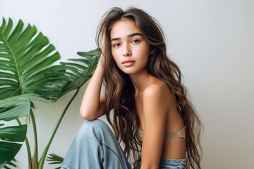 A stunning young model gracefully poses amidst an indoor photo shoot, her long hair cascading down her fashionable clothing as she sits against a wall adorned with lush green plants, her human face r