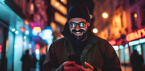 Wall Mural - a handsome young man texting and using his mobile phone and smiling outside on a city street. blurry background. late in the night.