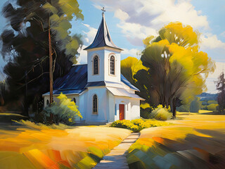 Scenic landscape with church in the forest. Oil painting.