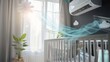 Air conditioner in baby bedroom. Kids room climate control. Infant child in crib under cool air breeze. Comfortable temperature, healthy sleep on summer night. Air conditioning device in family home
