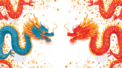 Vector double chinese dragon with confetti white background