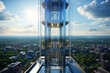 A sleek glass elevator ascends a skyscraper, offering panoramic views of the city skyline and emphasizing the seamless integration of technology and architecture.  Generative Ai.