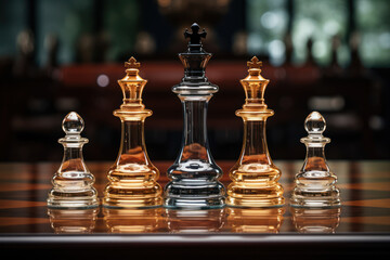 Poster - A glass chess set graces a tabletop, symbolizing the strategic interplay and intellectual elegance inherent in the game of chess. Concept of strategic elegance in gaming. Generative Ai.