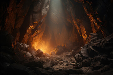 Wall Mural - a flashlight cuts through the darkness of a cave, revealing intricate rock formations and emphasizin