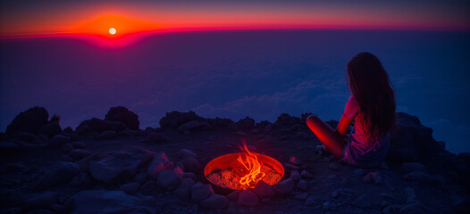 Wall Mural - Woman Sitting by Mountain Fire