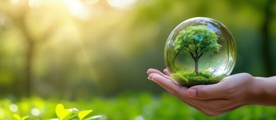 Wall Mural - Human hand holding transparent glass globe with growing tree on nature green blur background.