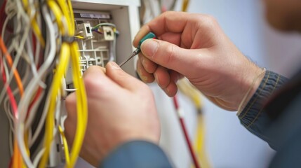 repair, renovation, electricity and people concept - close up of electrician hands with screwdriver fixing socket