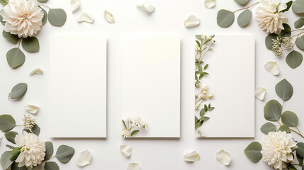 set of white floral wedding card frames with green leaves,  with blank space