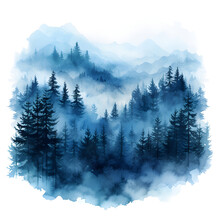 Mystic Blue Forest: Watercolor Pine Trees Shrouded In Mist