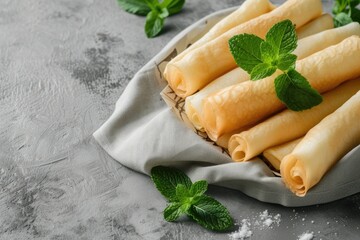 Canvas Print - Delicious wafer rolls boiled condensed milk and mint on a grey background with a napkin