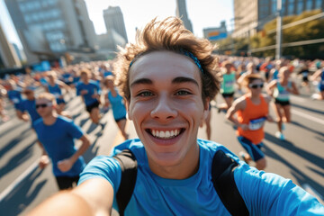 Wall Mural - Young happy marathon runner is taking selfie during a marathon run