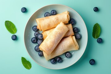 Wall Mural - Delicious wafer rolls with boiled condensed milk and blueberries placed on a turquoise background