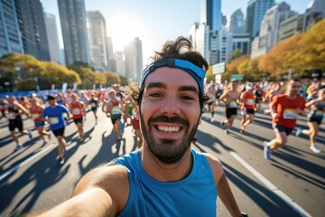 Sticker - Young happy marathon runner is taking selfie during a marathon run