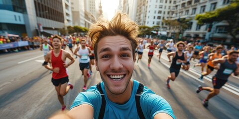 Wall Mural - Young happy marathon runner is taking selfie during a marathon run