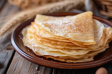 Wall Mural - Wooden background with thin pancakes and condensed milk