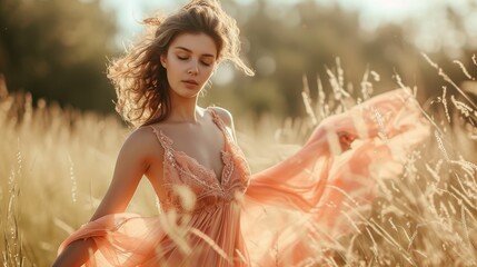 Wall Mural - Portrait of a beautiful girl in a peach fuzz color dress in a wheat field