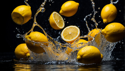 Wall Mural - Fresh ripe lemons, water drops, splash