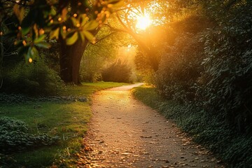 Wall Mural - Sunlit path in a park before sunset