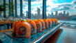 close up of a plate of sushi pieces in a restaurant with a view of a modern city full of skyscrapers 