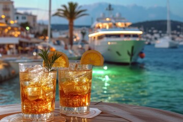 Amidst the salty breeze and warm sand, two glasses of refreshing ice tea adorned with lemon and rosemary await on a rustic table, a perfect companion for a relaxing day by the beach or on a boat