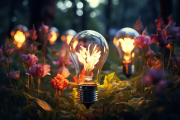 Canvas Print - A garden where flowers are glowing light bulbs, representing a cultivation of ideas. Concept of nurturing creativity. Generative Ai.