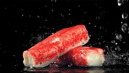 Poster - Drops of water fall on fresh crab sticks. Filmed on a high-speed camera at 1000 fps. High quality FullHD footage