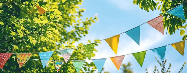 Pennant on string decoration in green tree foliage on blue sky background, summer party background template,