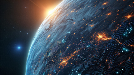 Futuristic image of planet Earth covered in circuitry and lights