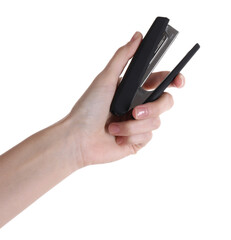 Wall Mural - Woman holding new stapler on white background, closeup