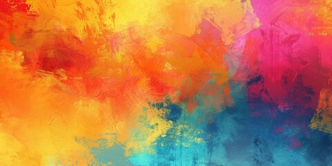  Warm abstract painting with fiery orange, yellow, and cool blue strokes and splashes.