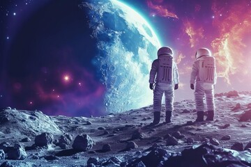 Wall Mural - Space exploration scene with astronauts and futuristic spacecraft