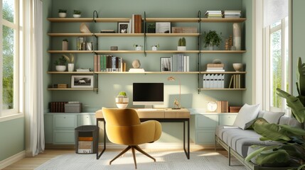 Wall Mural - sage yellow and amber home office with shelves and a desk, in the style of light gray and light gold