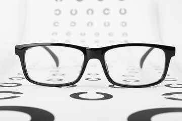 Canvas Print - Vision test chart and glasses on white background, closeup