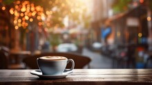 Hot Fresh Coffee On Cafe Table,blurred Light Background