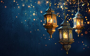 Wall Mural - Ramadan Kareem background with arabic lanterns and mosque, arabic lantern of ramadan celebration background illustration, AI_Generated