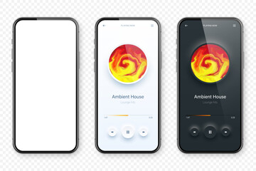 Wall Mural - Online audio player user interface, smartphone app UI design. Music, media streaming and listening platform. Responsive mobile application. Neumorphism, neumorphic style. Vector illustration.