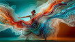 Woman in Flowing Dress Merging with Waves of Silk and Color